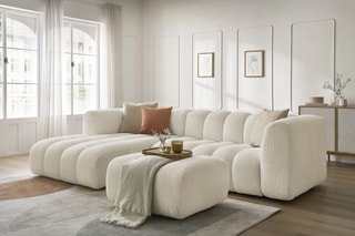 Canapé d’angle gauche et pouf Talia - Beige - 4 places - En tissu bouclette
