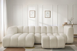 Canapé d’angle gauche et pouf Talia - Beige - 4 places - En tissu bouclette