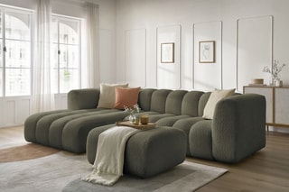 Canapé d’angle gauche et pouf Talia - Kaki - 4 places - En tissu bouclette