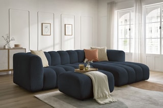 Canapé d’angle droit et pouf Talia - Bleu foncé - 4 places - En tissu bouclette
