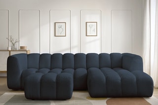 Canapé d’angle droit et pouf Talia - Bleu foncé - 4 places - En tissu bouclette
