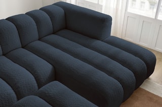 Canapé d’angle droit et pouf Talia - Bleu foncé - 4 places - En tissu bouclette