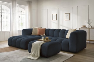 Canapé d’angle gauche et pouf Talia - Bleu foncé - 4 places - En tissu bouclette