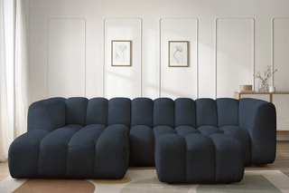 Canapé d’angle gauche et pouf Talia - Bleu foncé - 4 places - En tissu bouclette