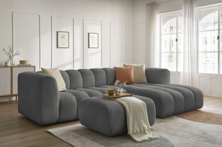 Canapé d'angle droit et pouf Talia - Gris foncé - 4 places - En tissu bouclette