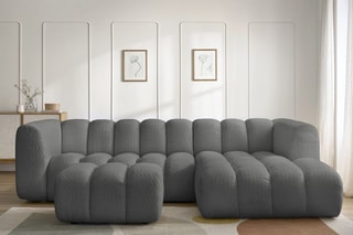 Canapé d'angle droit et pouf Talia - Gris foncé - 4 places - En tissu bouclette