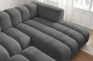 Canapé d'angle droit et pouf Talia - Gris foncé - 4 places - En tissu bouclette