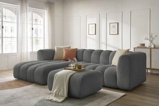 Canapé d'angle gauche et pouf Talia - Gris foncé - 4 places - En tissu bouclette