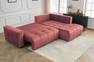 Canapé d’angle droit convertible Arsene - Orange - 3 places - En tissu velours - Couchage 204 x 135 cm