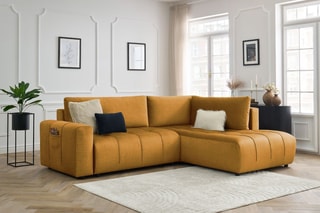 Canapé d’angle droit convertible Arsene - Jaune - 3 places - En tissu velours - Couchage 204 x 135 cm
