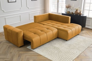 Canapé d’angle droit convertible Arsene - Jaune - 3 places - En tissu velours - Couchage 204 x 135 cm