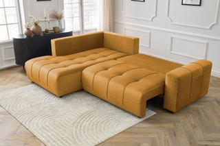 Canapé d’angle gauche convertible Arsene - Jaune - 3 places - En tissu velours - Couchage 204 x 135 cm
