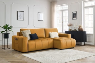 Canapé d'angle réversible convertible Arsène - Jaune - 3 places - En tissu velours - Couchage 232 x 135 cm