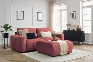 Canapé droit convertible et pouf Arsène - Orange - 4 places - En tissu velours - Couchage 155 x 190 cm