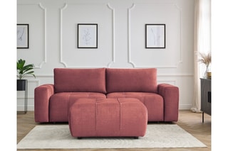 Canapé droit convertible et pouf Arsène - Orange - 4 places - En tissu velours - Couchage 155 x 190 cm