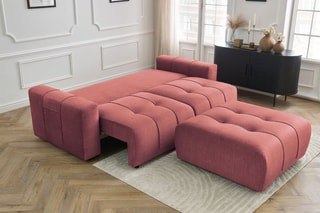 Canapé droit convertible et pouf Arsène - Orange - 4 places - En tissu velours - Couchage 155 x 190 cm