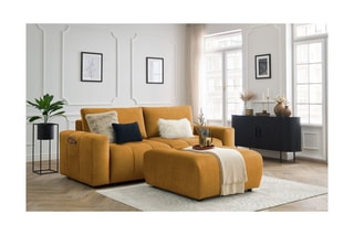 Canapé droit convertible et pouf Arsène - Jaune - 4 places - En tissu velours - Couchage 155 x 190 cm