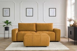 Canapé droit convertible et pouf Arsène - Jaune - 4 places - En tissu velours - Couchage 155 x 190 cm