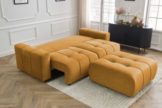 Canapé droit convertible et pouf Arsène - Jaune - 4 places - En tissu velours - Couchage 155 x 190 cm