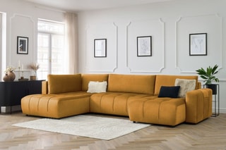 Canapé d’angle droit panoramique convertible Arsène - Jaune - 5 places - En tissu velours - Couchage 325 x 135 cm