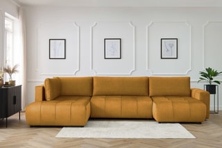 Canapé d’angle droit panoramique convertible Arsène - Jaune - 5 places - En tissu velours - Couchage 325 x 135 cm