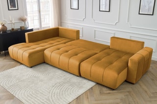 Canapé d’angle droit panoramique convertible Arsène - Jaune - 5 places - En tissu velours - Couchage 325 x 135 cm