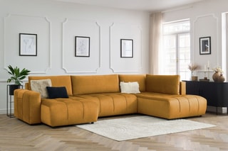 Canapé d’angle gauche panoramique convertible Arsène - Jaune - 5 places - En tissu velours - Couchage 325 x 135 cm