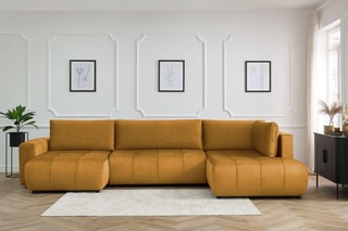 Canapé d’angle gauche panoramique convertible Arsène - Jaune - 5 places - En tissu velours - Couchage 325 x 135 cm