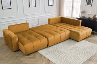Canapé d’angle gauche panoramique convertible Arsène - Jaune - 5 places - En tissu velours - Couchage 325 x 135 cm