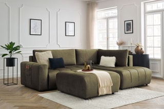 Canapé d'angle droit convertible avec pouf Arsene - Vert - Couchage 135 x 228 cm