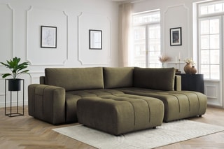 Canapé d'angle droit convertible avec pouf Arsene - Vert - Couchage 135 x 228 cm
