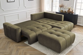 Canapé d'angle droit convertible avec pouf Arsene - Vert - Couchage 135 x 228 cm