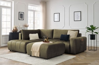 Canapé d'angle gauche convertible avec pouf Arsene - Vert - Couchage 135 x 228 cm