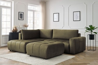 Canapé d'angle gauche convertible avec pouf Arsene - Vert - Couchage 135 x 228 cm