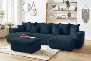 Canapé panoramique 8 places convertible et pouf Envy - Bleu canard - Couchage 330 x 139 cm