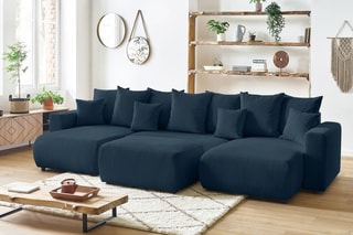 Canapé panoramique 8 places convertible et pouf Envy - Bleu canard - Couchage 330 x 139 cm