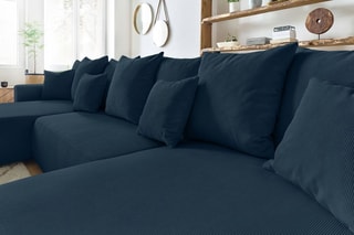 Canapé panoramique 8 places convertible et pouf Envy - Bleu canard - Couchage 330 x 139 cm