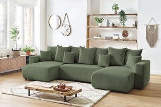 Canapé d'angle gauche panoramique 8 places convertible et pouf Envy - Kaki - Couchage 330 x 139 cm