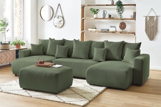 Canapé d'angle gauche panoramique 8 places convertible et pouf Envy - Kaki - Couchage 330 x 139 cm