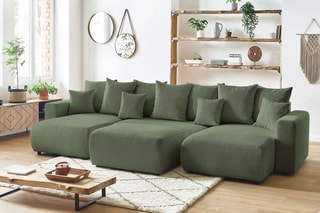 Canapé d'angle gauche panoramique 8 places convertible et pouf Envy - Kaki - Couchage 330 x 139 cm