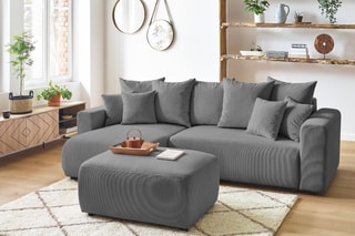Canapé d'angle réversible convertible et pouf Envy - Gris - Couchage 231 x 130 cm