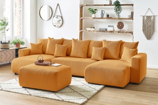Canapé panoramique 8 places convertible et pouf Envy - Moutarde - Couchage 231 x 130 cm