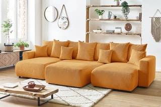 Canapé panoramique 8 places convertible et pouf Envy - Moutarde - Couchage 231 x 130 cm