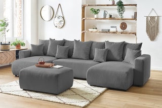Canapé d'angle droit panoramique 8 places convertible et pouf Envy - Gris - Couchage 231 x 130 cm