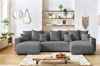 Canapé d'angle droit panoramique 8 places convertible et pouf Envy - Gris - Couchage 231 x 130 cm