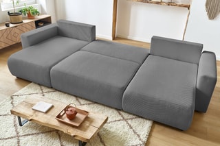 Canapé d'angle droit panoramique 8 places convertible et pouf Envy - Gris - Couchage 231 x 130 cm