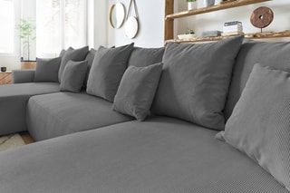 Canapé d'angle droit panoramique 8 places convertible et pouf Envy - Gris - Couchage 231 x 130 cm