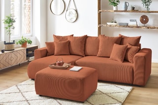 Canapé d'angle réversible convertible et pouf Envy - Terracotta - Couchage 231 x 130 cm