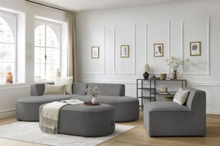 Canapé d'angle gauche modulable avec chauffeuse et pouf Rousseau - Gris foncé