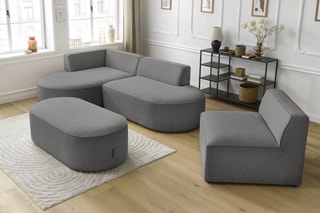 Canapé d'angle gauche modulable avec chauffeuse et pouf Rousseau - Gris foncé